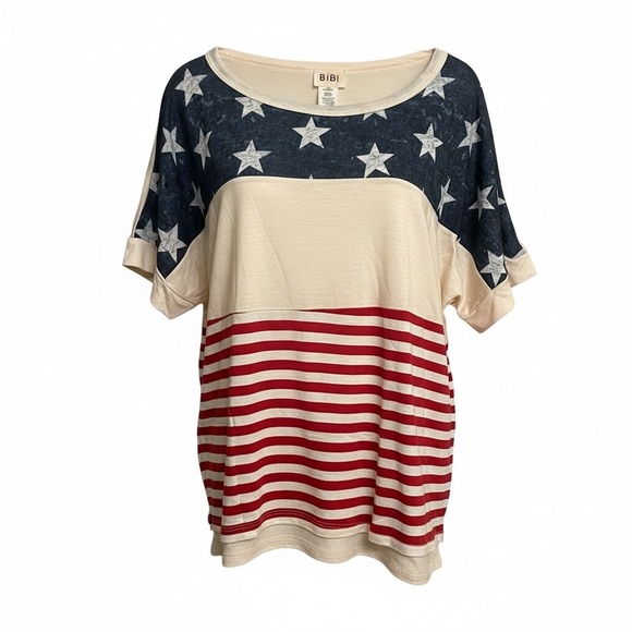 BiBi Tops - BIBI Womens American Flag Stars & Stripes Dolman Top L Cream Red Blue USA Pride